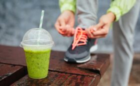 Women lacing her shoe and getting ready for fitness pratice with green smoothie.